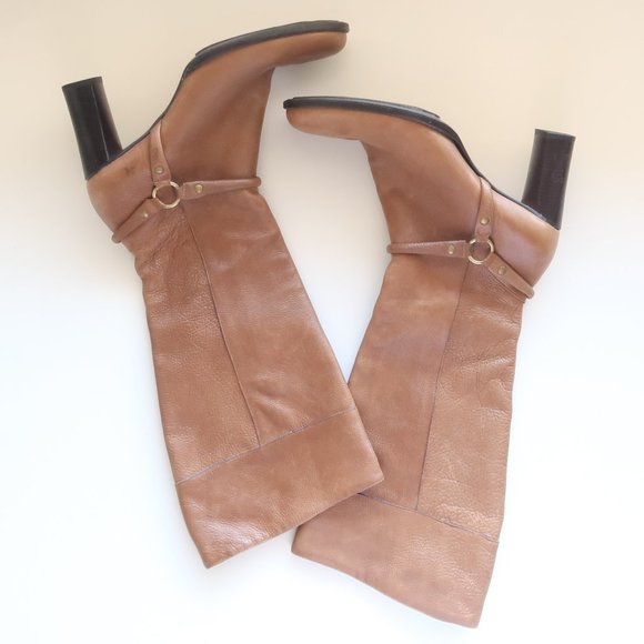 Uffizi Brown Leather Tall Heeled Boots With Metallic Harness Size 9.5 M - Picture 1 of 16